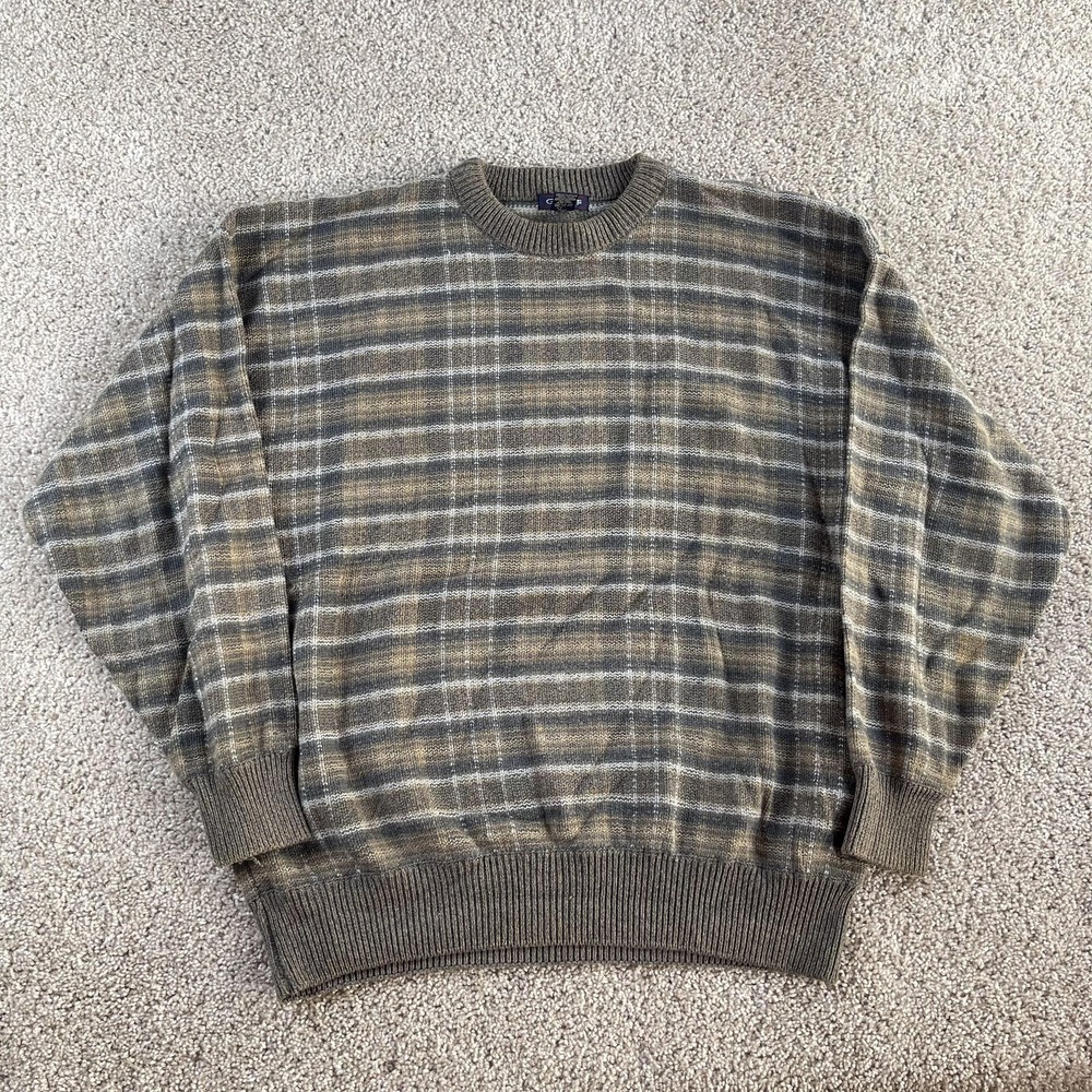 Vintage GANT Sweater Mens Large Brown Plaid 100% Cotton Knit Crewneck Pullover